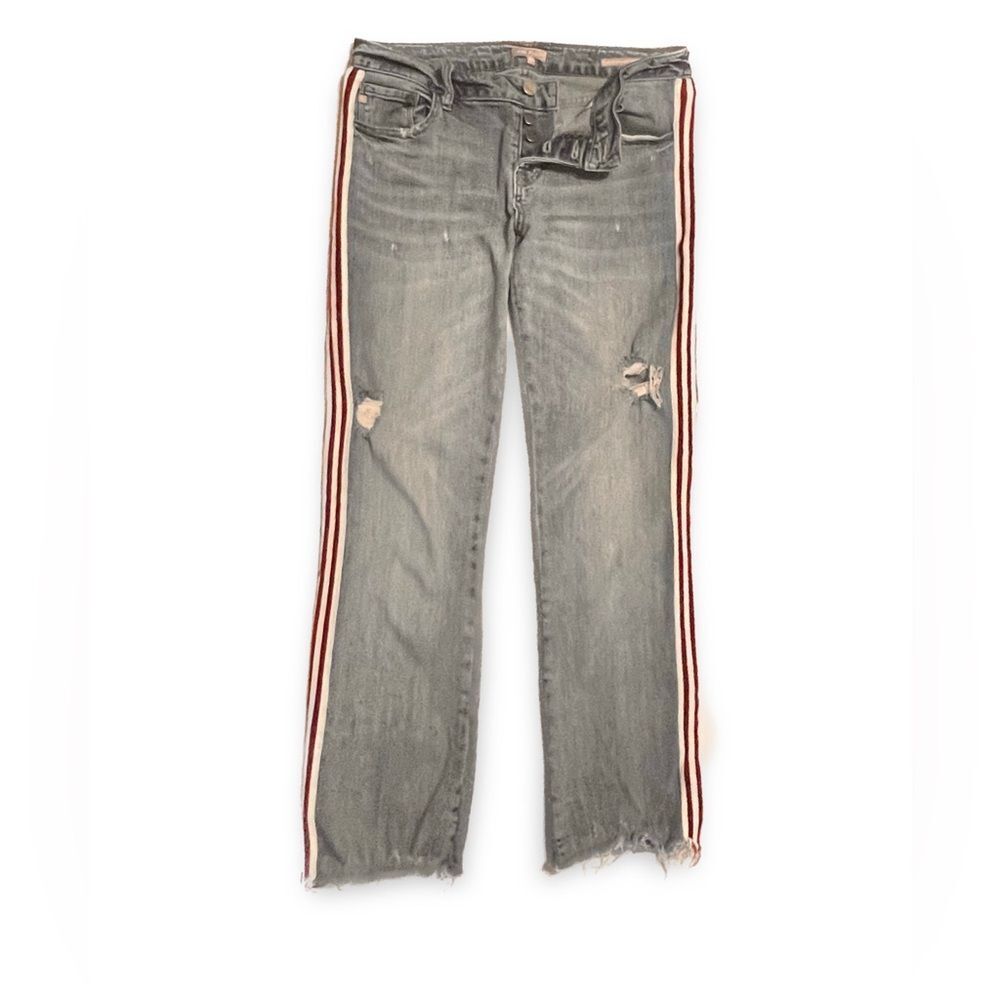 Dear John Blue Denim Cropped Straight Leg Distressed Jeans with Stripes Size 29